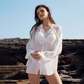 Solid Color Sexy See through Chiffon Beach Cover up Bikini Swimsuit Beach Shirt Women