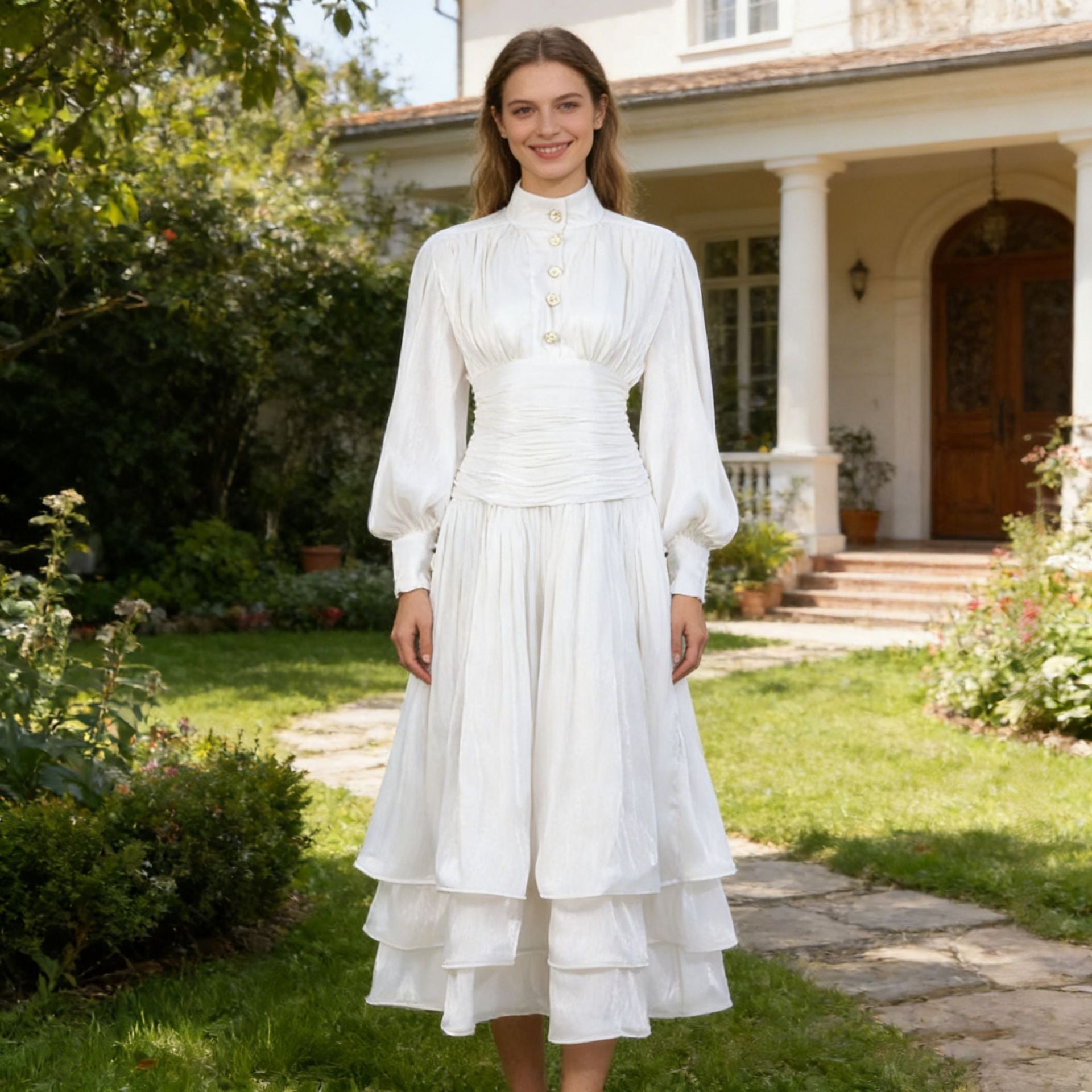 Spring Elegant Retro Lantern Sleeve Breasted Ruffled Maxi Dress Waist Slimming Dress