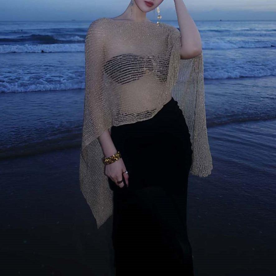 Bella Mia Pure Hollow Out Cutout out Gold Knitted Blouse Bikini Four Piece Suit Elegant Beautiful Vacation Maxi Dress Swimsuit Women — main product shot