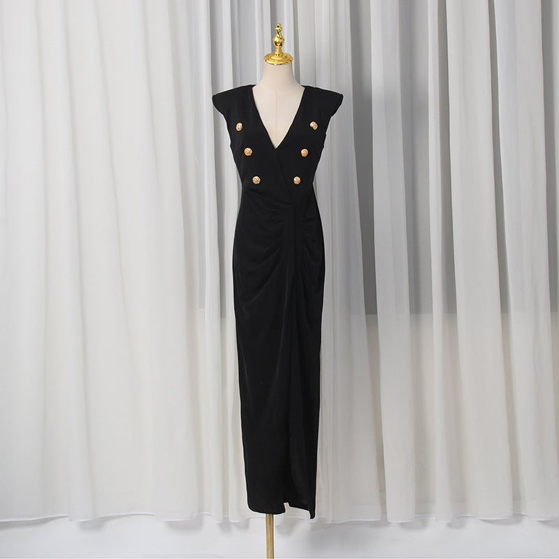 Spring V neck Sleeveless Design Split Dress Tight Waist Slimming Metal Decorative Dress Women