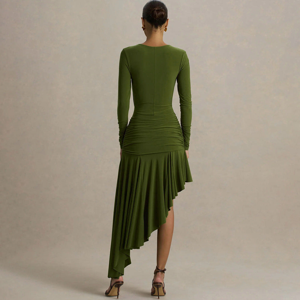 Bella Mia Autumn Winter Graceful Fashionable Women Slim Dress Sexy Pleated Irregular Asymmetric Maxi Dress — lifestyle context