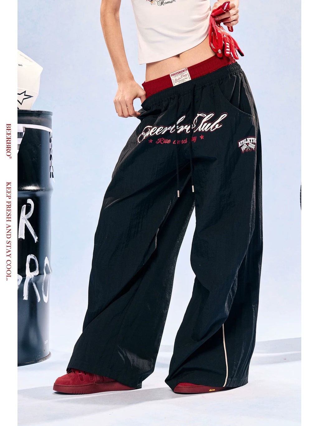 Women's Colorblock Double Waistband Lightweight Quick-Dry Wide Leg Sports Pants