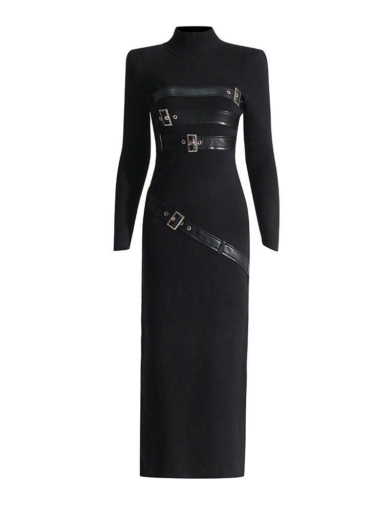 Bella Mia Turtleneck Solid Color Dress Spring High Grade Long Sleeve Split Metal Decorative Dress Women — detail and construction