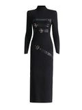 Bella Mia Turtleneck Solid Color Dress Spring High Grade Long Sleeve Split Metal Decorative Dress Women — detail and construction