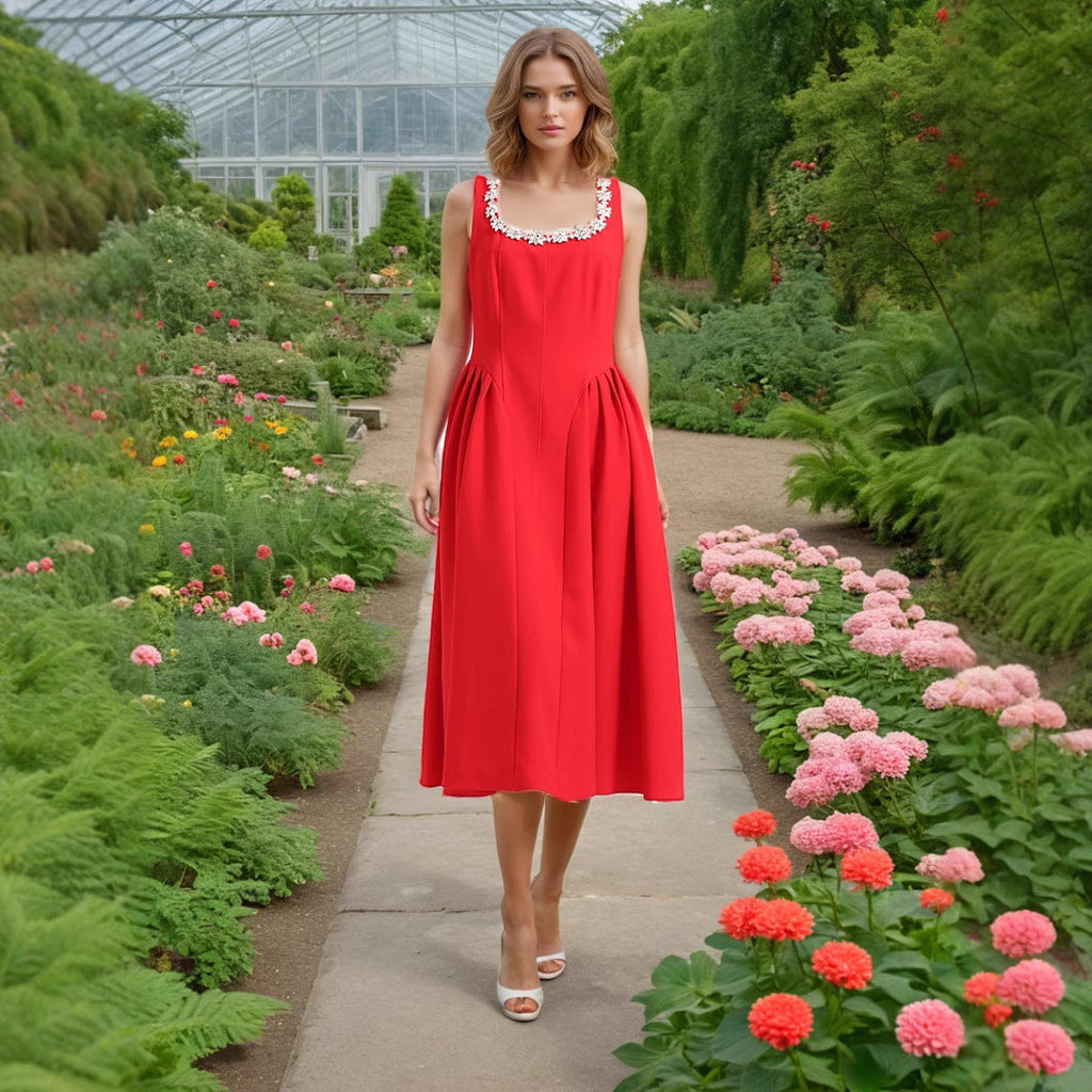 Entry Lux Elegant Dress Autumn Dinner Dress Diamond Embedded Pleating Slim Slimming Dress Women