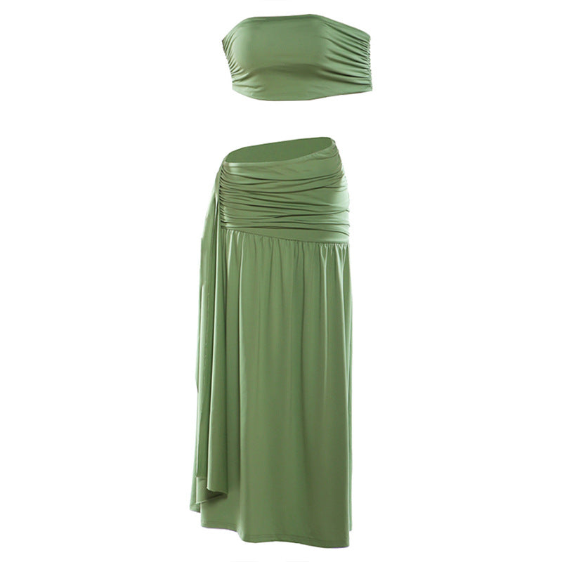 Bella Mia Women Clothing Spring Sexy Solid Color Tube Top Vest Slim Ribbon Pleated Skirt Sets — alternate view