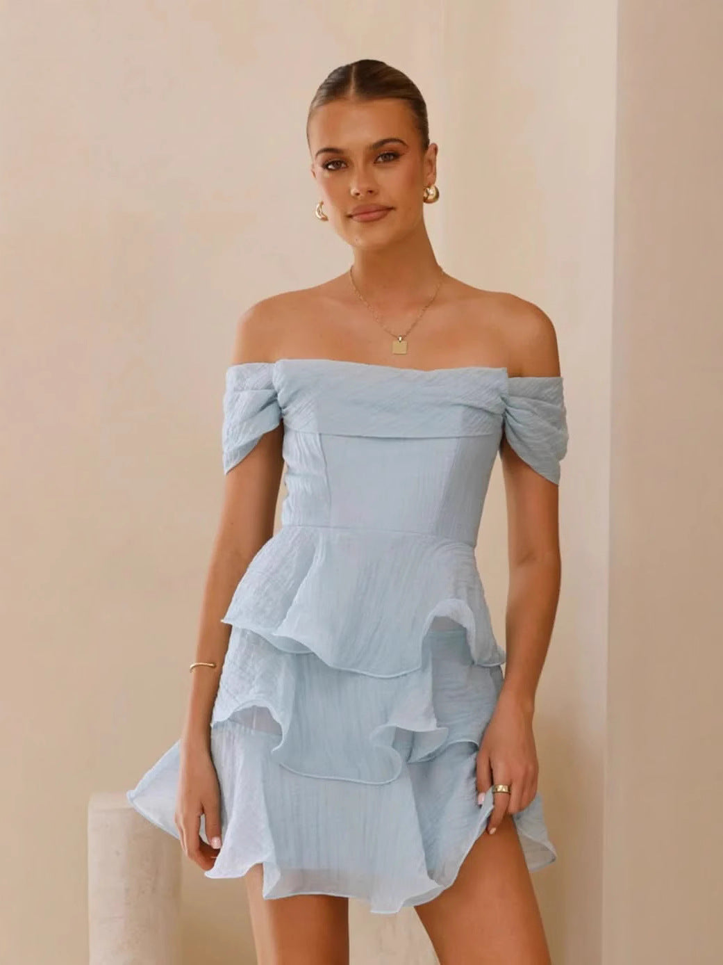 Bella Mia Summer Sexy Tube Top Backless Solid Color Tiered Dress — scale reference