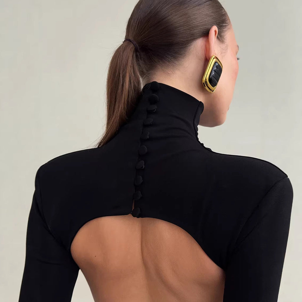 Bella Mia Spring Elegant Black Sexy Backless Knitted Slim Fit Long Sleeved Turtleneck Dress for Women — lifestyle context