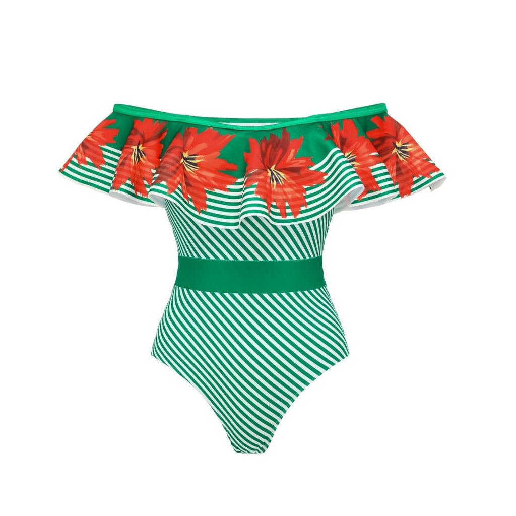 Bella Mia Swimsuit Green Striped Floral Stitching Swimsuit Women Tube Top Swimsuit — packaging or label