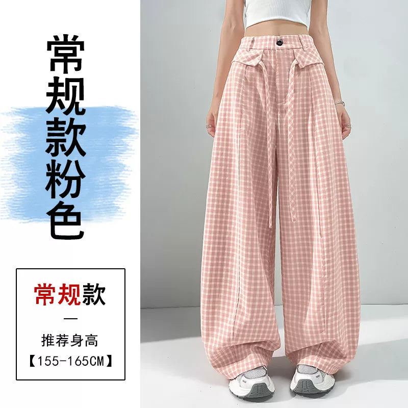 High Waist Loose Fit Casual Wide Leg Pants Women's Retro Plaid Dopamine Pants