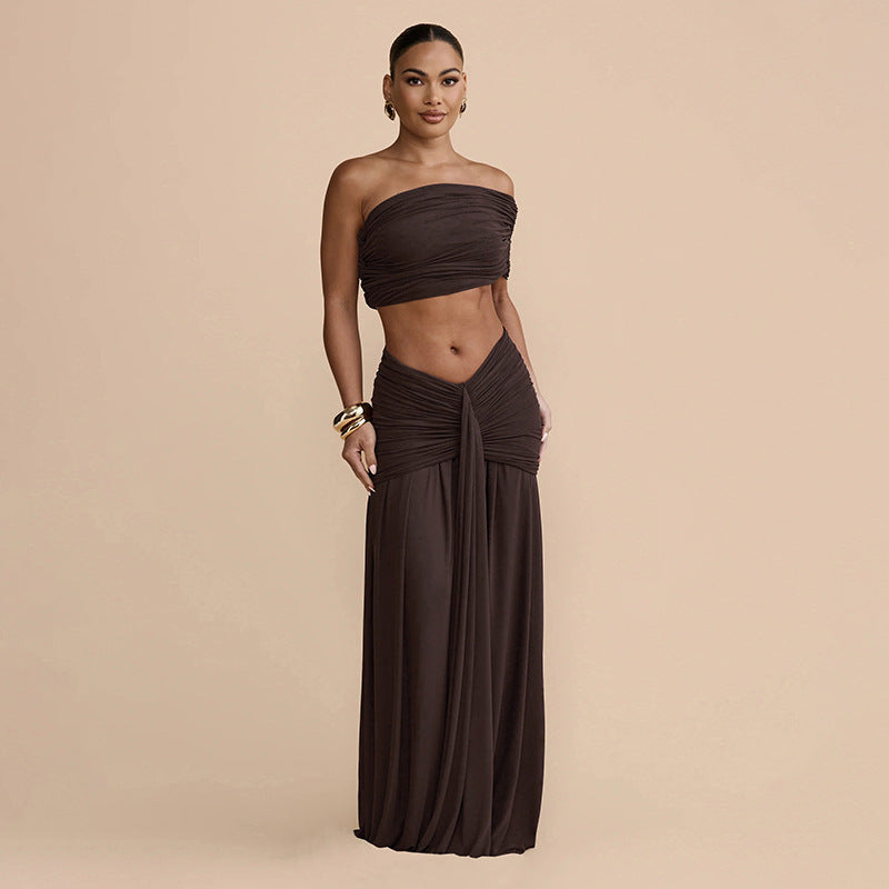 Bella Mia Women Clothing Spring Sexy Solid Color Tube Top Vest Slim Ribbon Pleated Skirt Sets — branding close-up