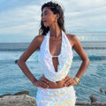 Women Solid Color Sexy Sequined Beach Bikini Swimsuit Blouse Sun Proof Skirt Set