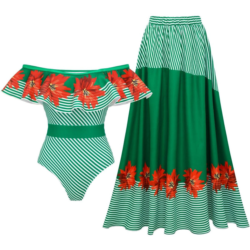 Bella Mia Swimsuit Green Striped Floral Stitching Swimsuit Women Tube Top Swimsuit — detail and construction