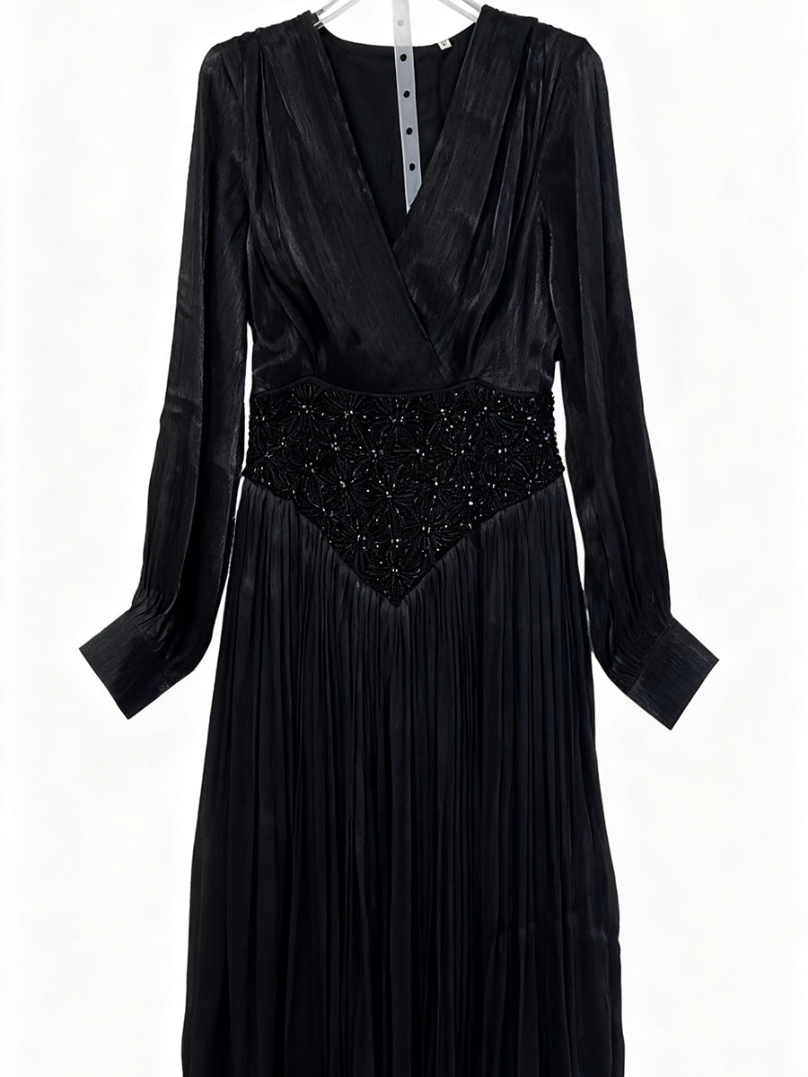 Elegant Long Sleeve Solid Color Diamond Dress Autumn High Grade Waist Slimming Dress Women