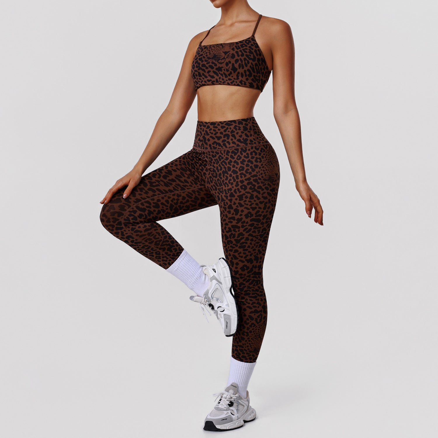 Leopard Print Tight Yoga Women High Waist Hip Raise Pants Thin Strap Beauty Back Exercise Bra Fitness Two Piece Sets