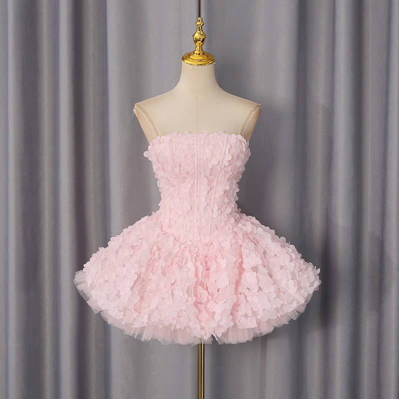 Spring Elegant Elegant Sweet Tube Top Floral Dress Waist Slimming Heavy Work Dress Women