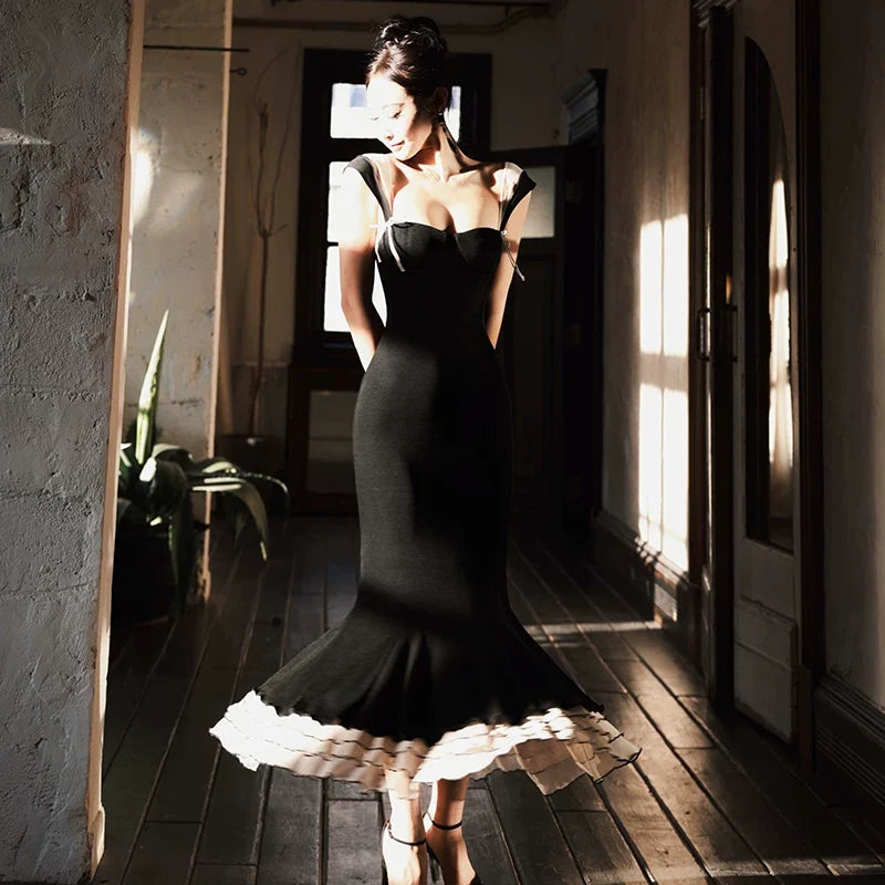 Xiao Li Knitted Fish Tail Dress High Waist Hip-Accented Black