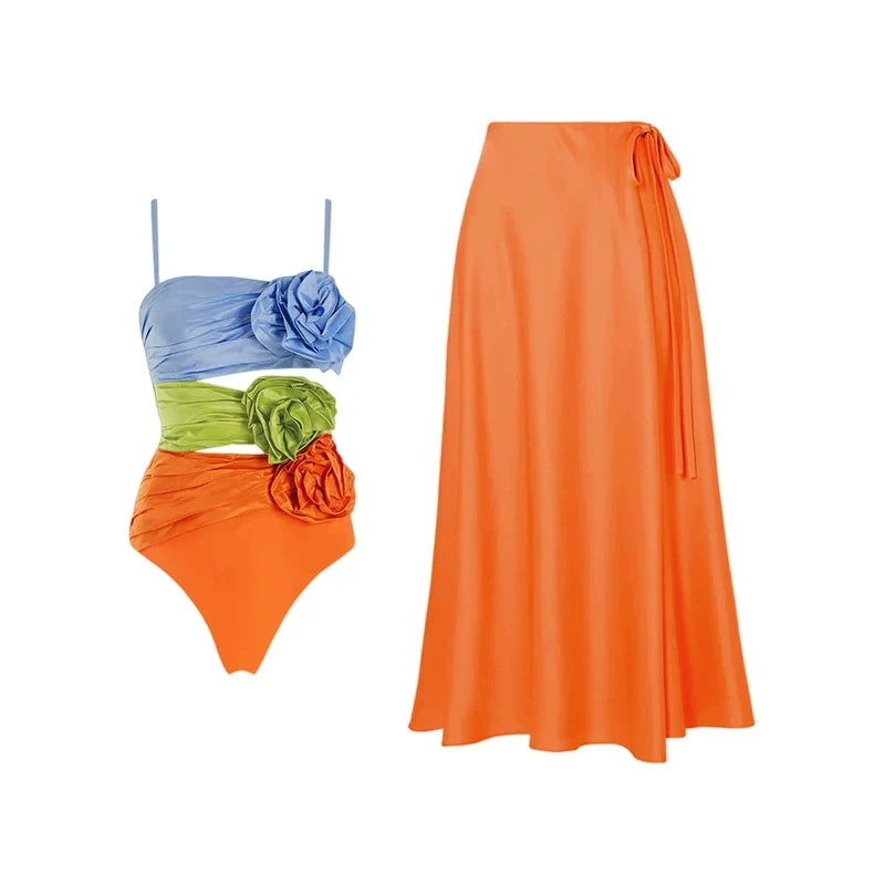 Contrasting Color Hollow Suspender One Piece Swimsuit