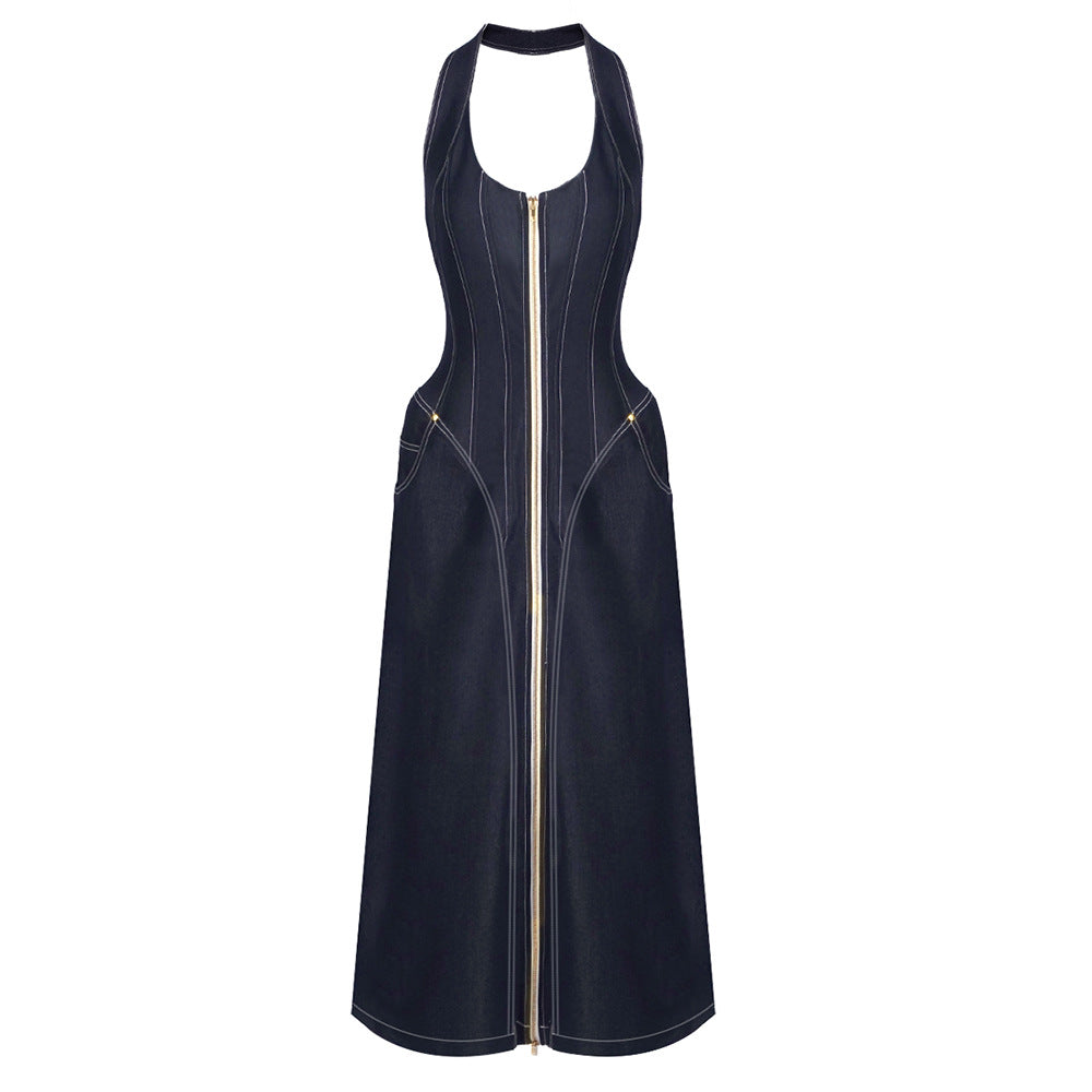 Bella Mia Elegant Solid Color Sleeveless Halter Slim Fit Backless Sheath Dress Denim Summer — branding close-up