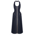 Bella Mia Elegant Solid Color Sleeveless Halter Slim Fit Backless Sheath Dress Denim Summer — branding close-up