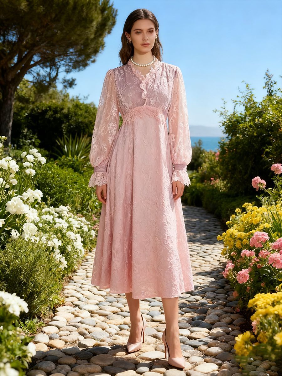 Lace Long Sleeve Elegant Dress Autumn High Sense V neck Waist Controlled Slimming Dress Women