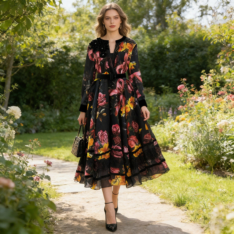 Spring High Grade Printed V neck Dress Tight Waist Slimming Flared Sleeves Stitching Lace Dress Women