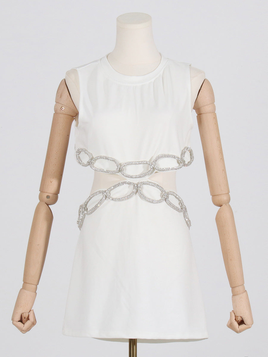 Street Sexy round Neck Sleeveless Waist Hollow Out Cutout Jeweled Design Short Slim Dress
