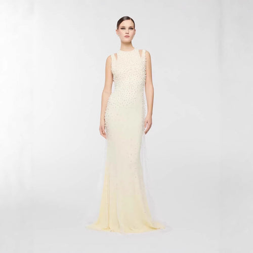 Pearl Tassel off the Shoulder Fishtail Dress Heavy Industry Beads Slim Slimming Dinner Dress for Women