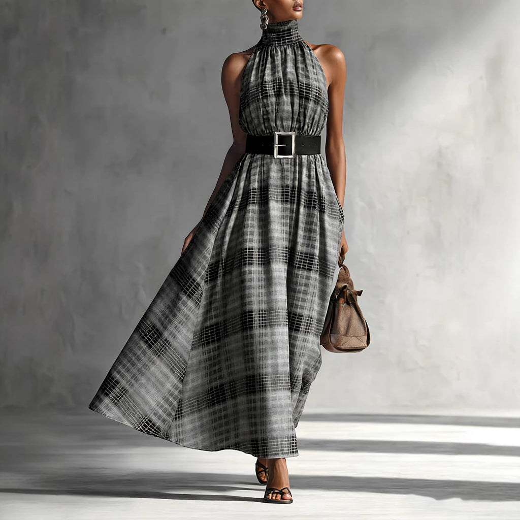 Bella Mia Halter Sleeveless Plaid High Waist Lace up Waist Draping Effect Large Hem A line Dress French Dress — detail and construction