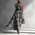 Bella Mia Halter Sleeveless Plaid High Waist Lace up Waist Draping Effect Large Hem A line Dress French Dress — detail and construction