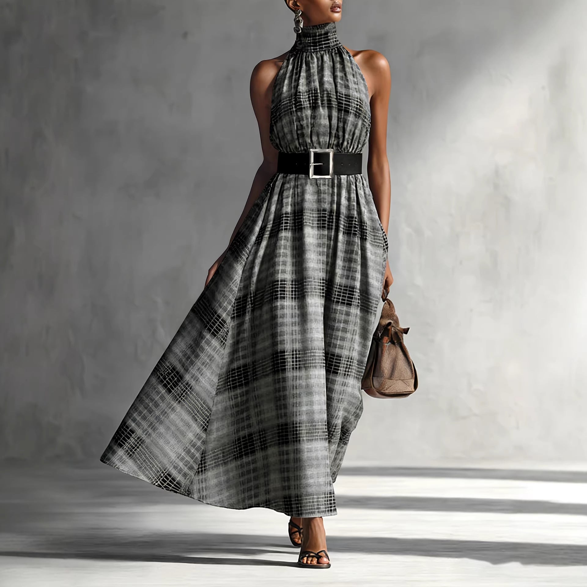 Halter Sleeveless Plaid High Waist Lace up Waist Draping Effect Large Hem A line Dress French Dress