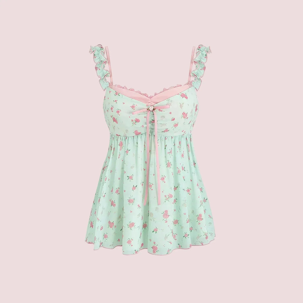 Pure Desire Sweet Floral Camisole Top Women's Mint Green Ruffle Loose Casual