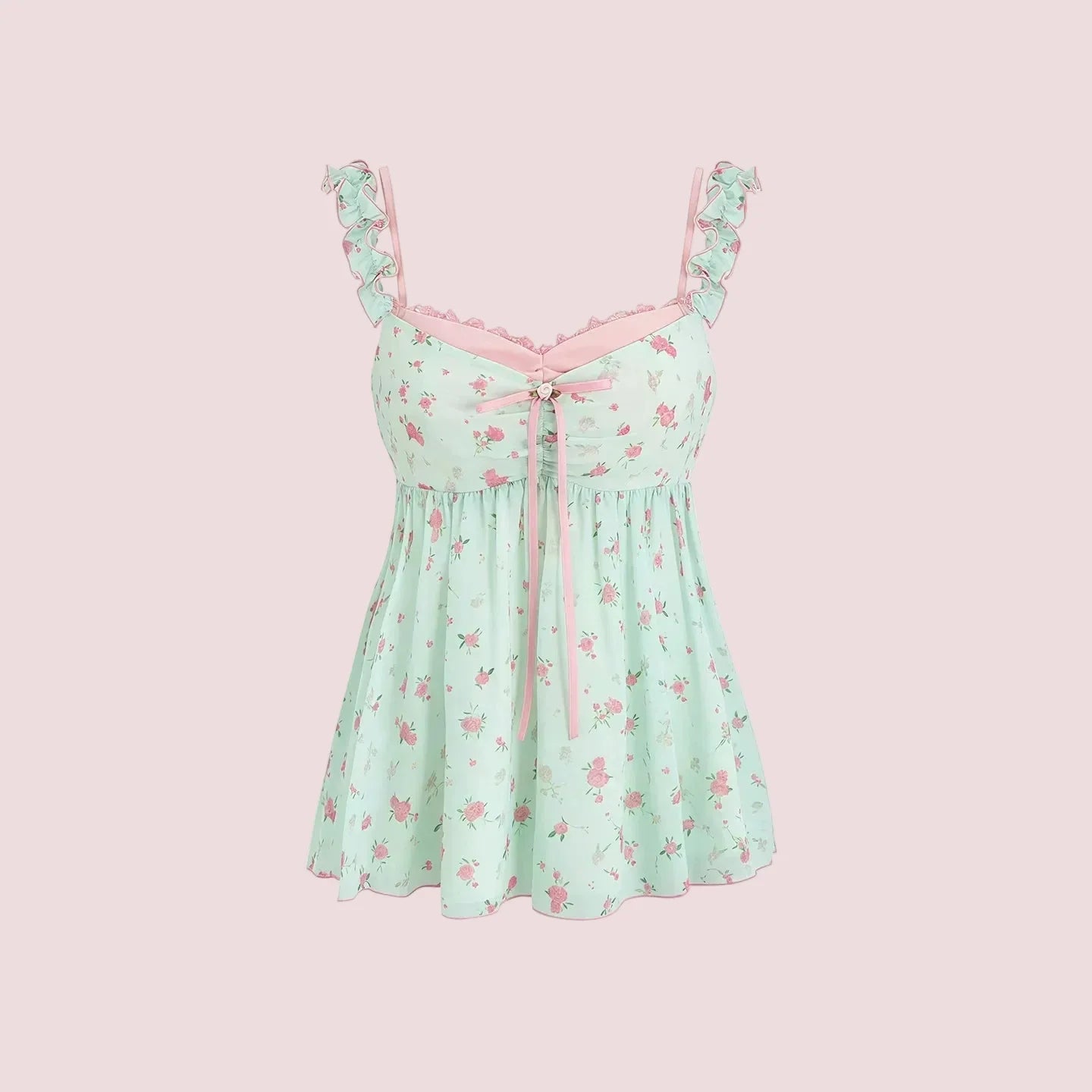 Pure Desire Sweet Floral Camisole Top Women's Mint Green Ruffle Loose Casual