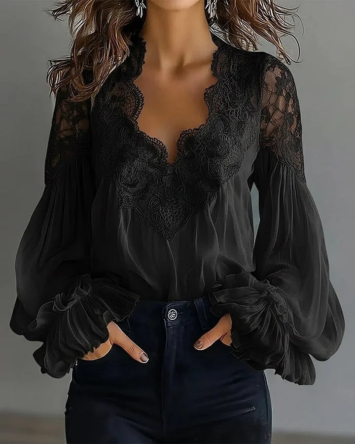 Bella Mia Women Lace Stitching Puff Sleeve Pleated Shirt — alternate view