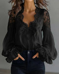 Bella Mia Women Lace Stitching Puff Sleeve Pleated Shirt — alternate view
