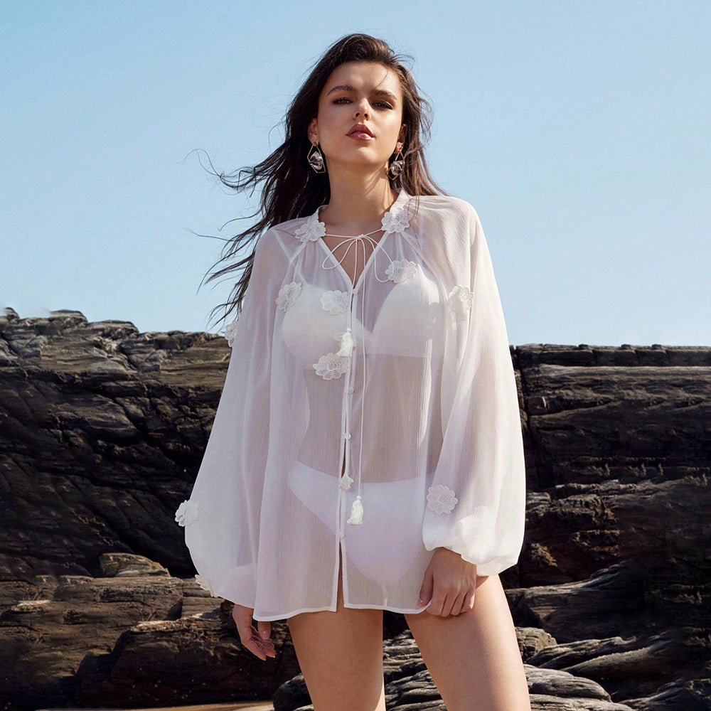 Bella Mia Solid Color Sexy See through Chiffon Beach Cover up Bikini Swimsuit Beach Shirt Women — detail and construction