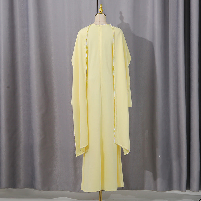Elegant Solid Color Retro Heavy Industry Beautiful Pearl Shawl High Waist Dress Women