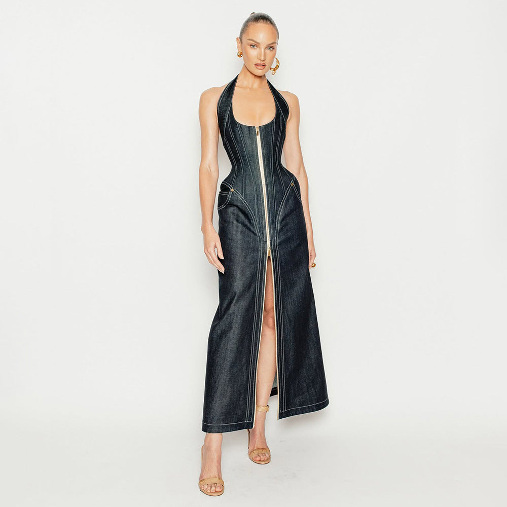 Bella Mia Elegant Solid Color Sleeveless Halter Slim Fit Backless Sheath Dress Denim Summer — main product shot