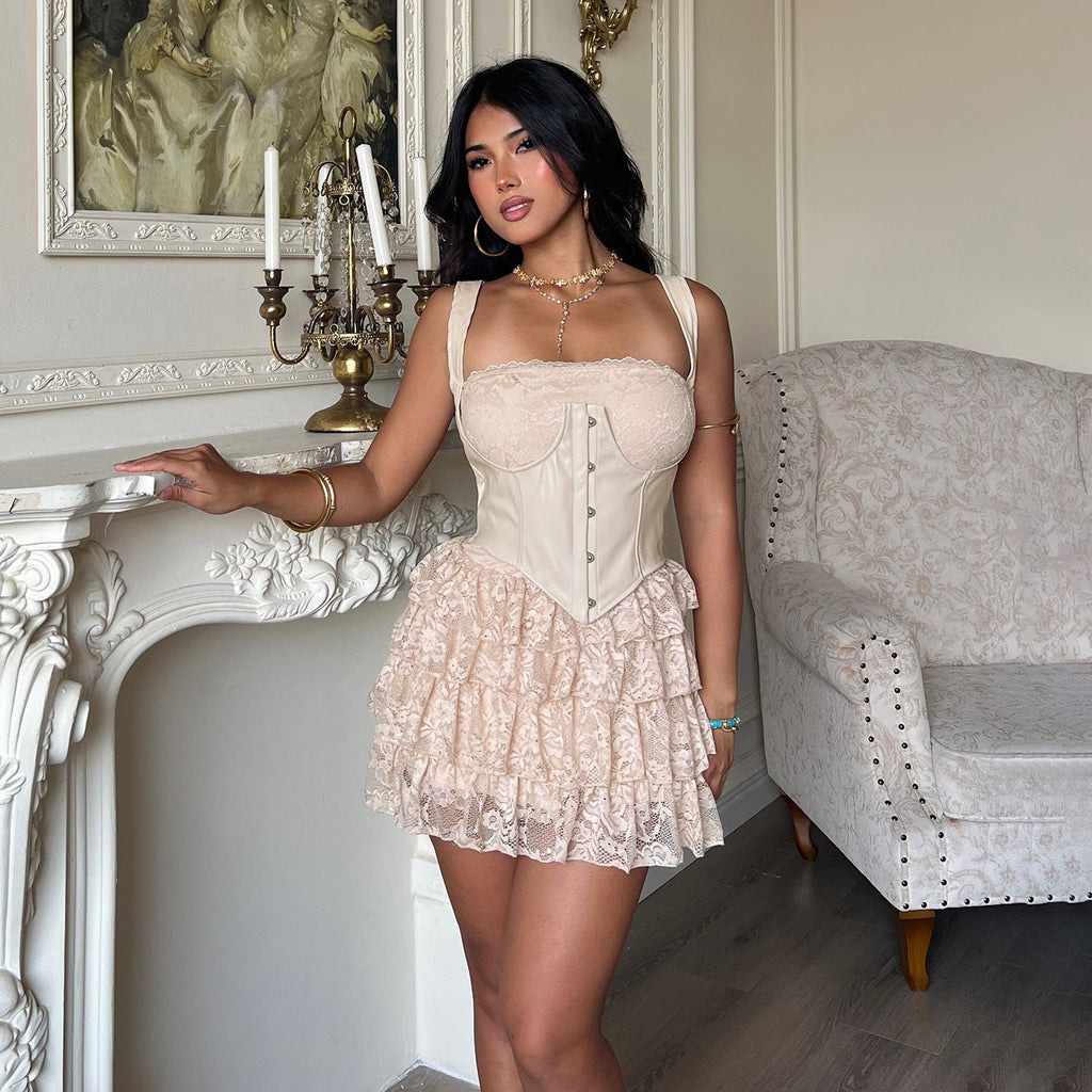 Sexy Leather Bra Strap Lace Stitching Puffy Tiered Dress Summer Set