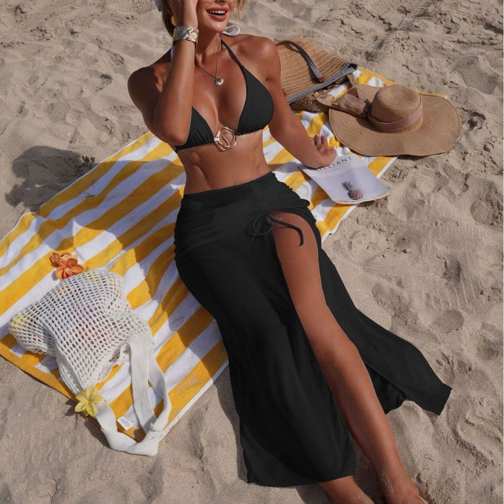 Bella Mia Solid Color Beach Sun Protection Tulle Skirt Sexy Three Piece Set Bikini Split Swimsuit — alternate view