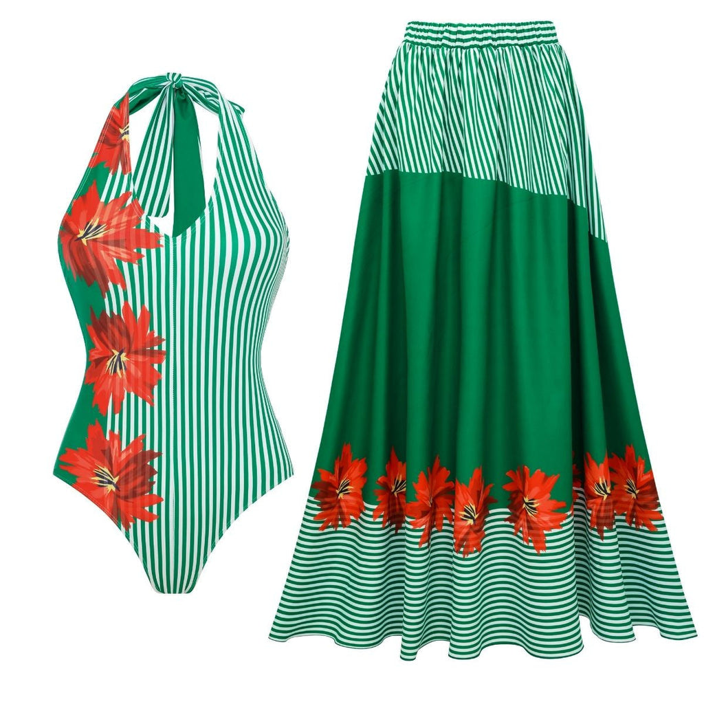 Bella Mia Swimsuit Green Striped Floral Stitching Swimsuit Women Tube Top Swimsuit — branding close-up