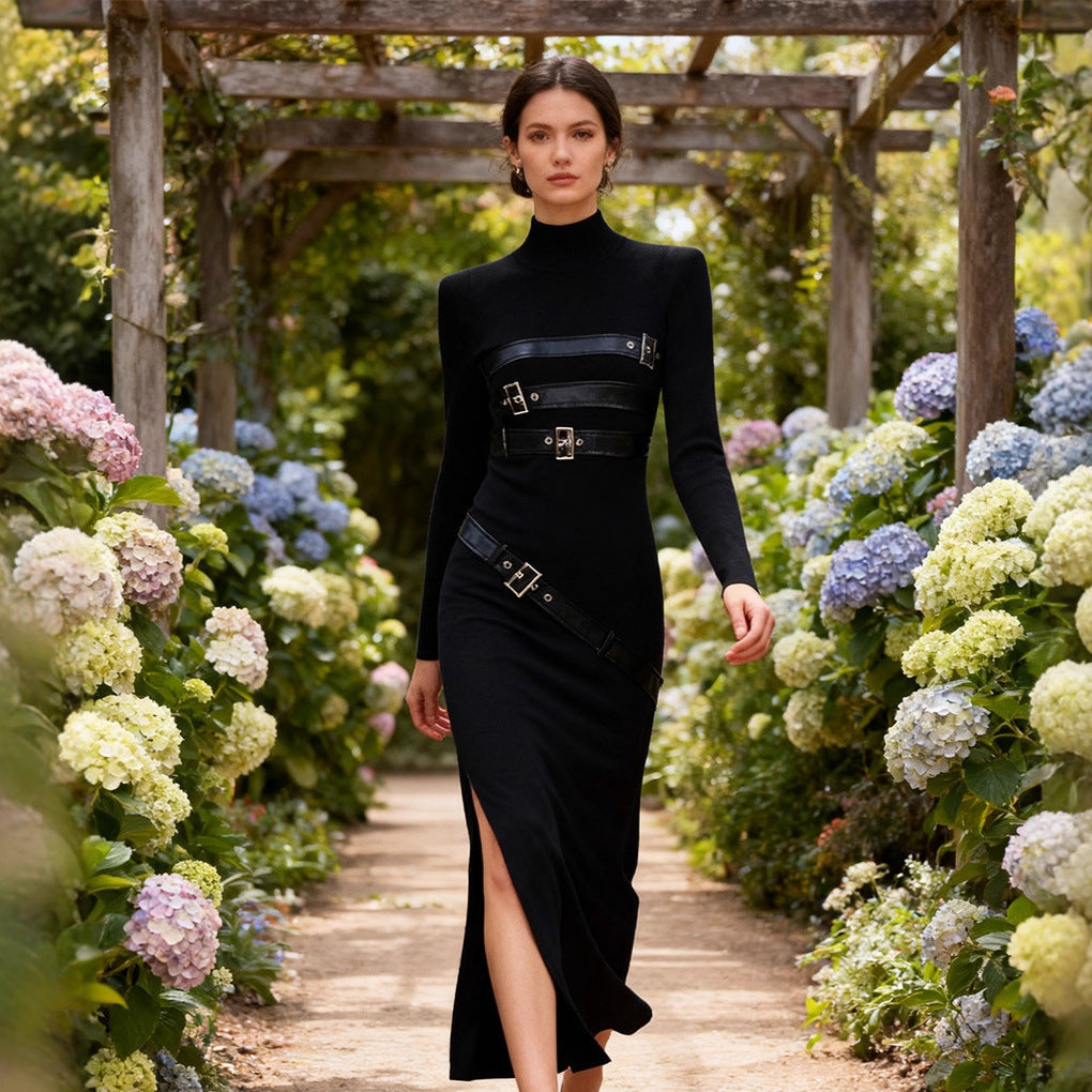 Bella Mia Turtleneck Solid Color Dress Spring High Grade Long Sleeve Split Metal Decorative Dress Women — main product shot