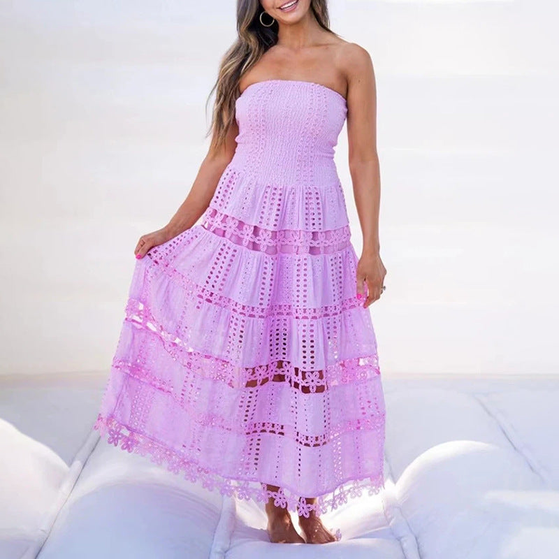 Casual Maxi Dress Spring High Sense Embroidery Hollow Out Cutout out Tube Top Dress Women Clothing