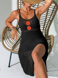 Women Braces Dress Beach Cover Up Split Dress Hand Crocheted Stitching Hollow Out Cutout Beach Dress