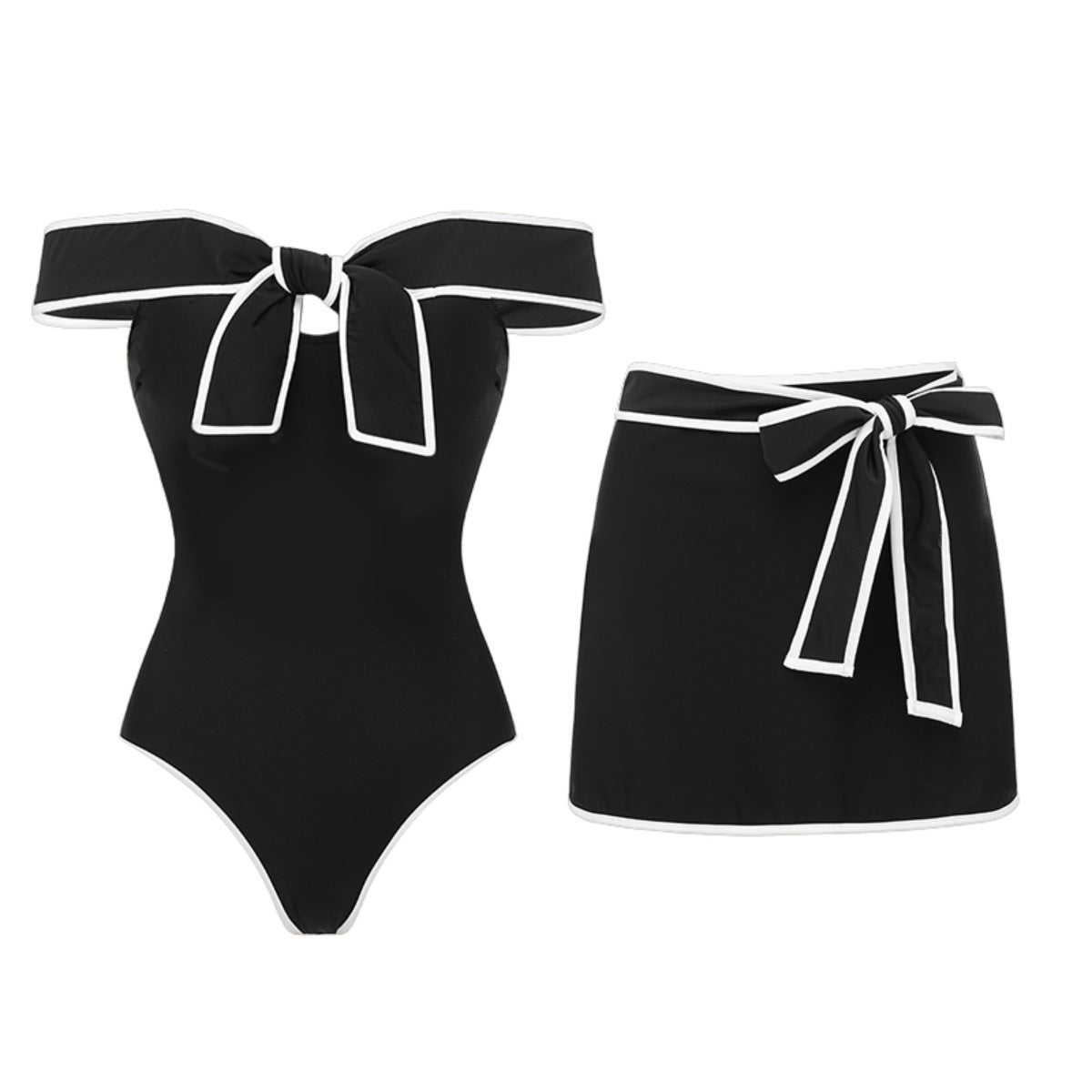 Swimsuit Black White Color Matching Sweet Girl Bow Swimsuit Women White Skirt