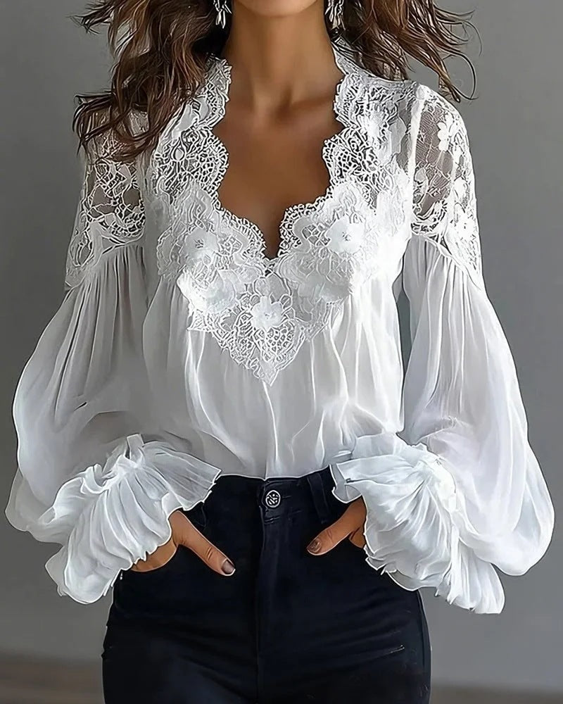 Bella Mia Women Lace Stitching Puff Sleeve Pleated Shirt — packaging or label