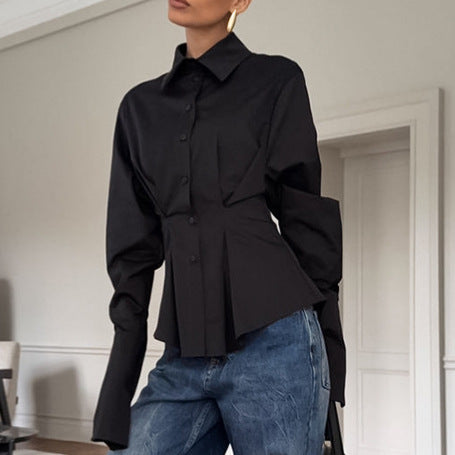 Bella Mia Court White Cotton Shirt Women Light Luxury Pleat Waisted Slim-Fit Long-Sleeved Collared Shirt — branding close-up