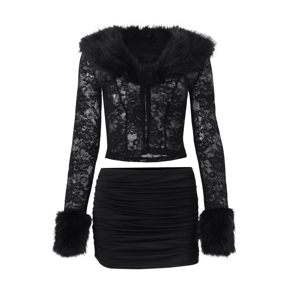 Bella Mia Women Clothing Autumn Winter Street Lace Plush Long Sleeved Top Sexy Skirt Set — packaging or label
