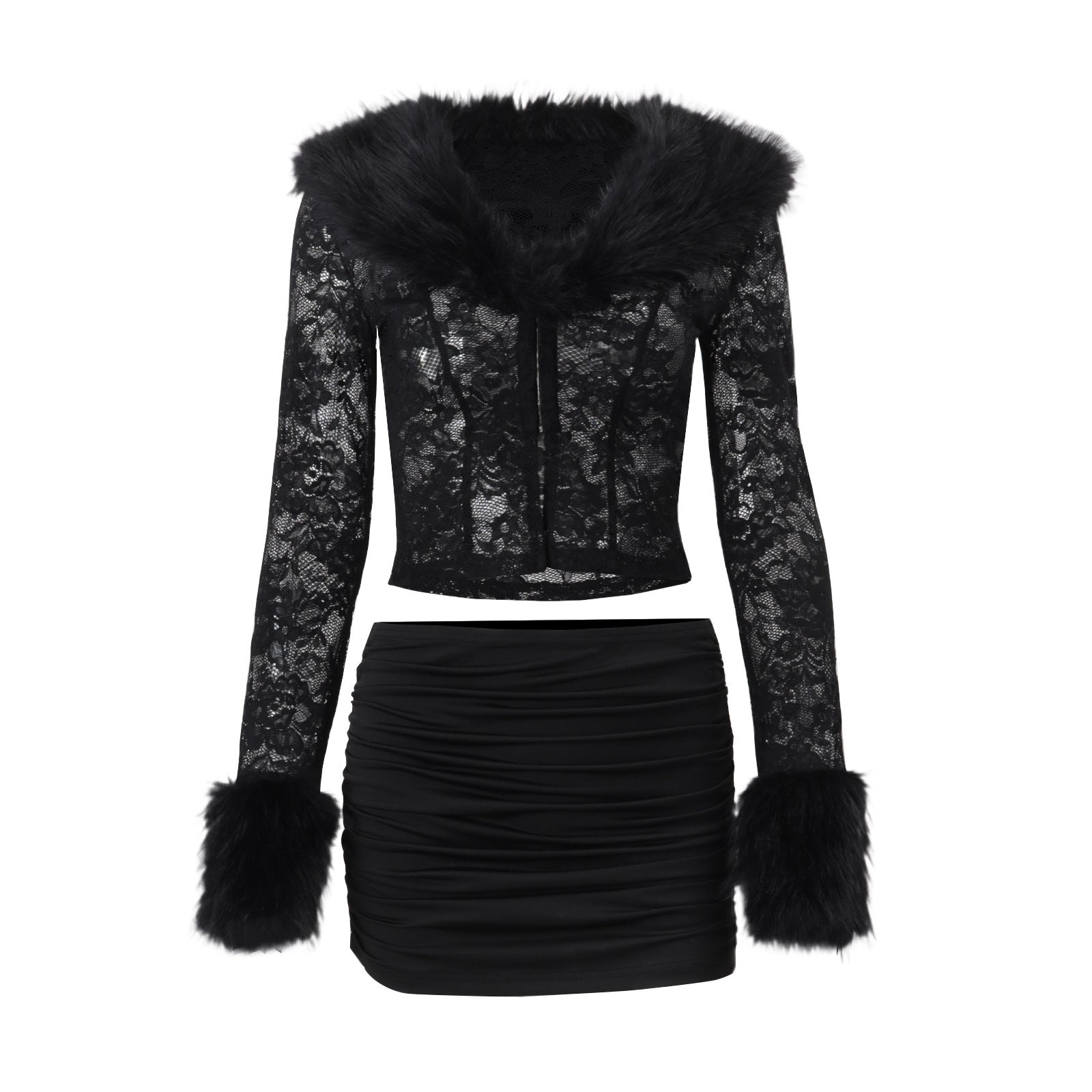 Bella Mia Women Clothing Autumn Winter Street Lace Plush Long Sleeved Top Sexy Skirt Set — packaging or label