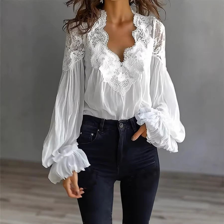 Bella Mia Women Lace Stitching Puff Sleeve Pleated Shirt — main product shot